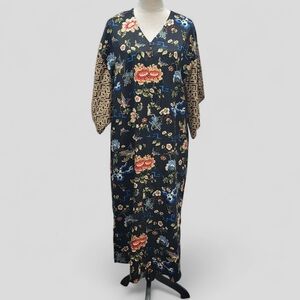 Natori Vtg Black Floral House Dress 70s Lounge Kaftan Robe Boho Loungewear Sz S